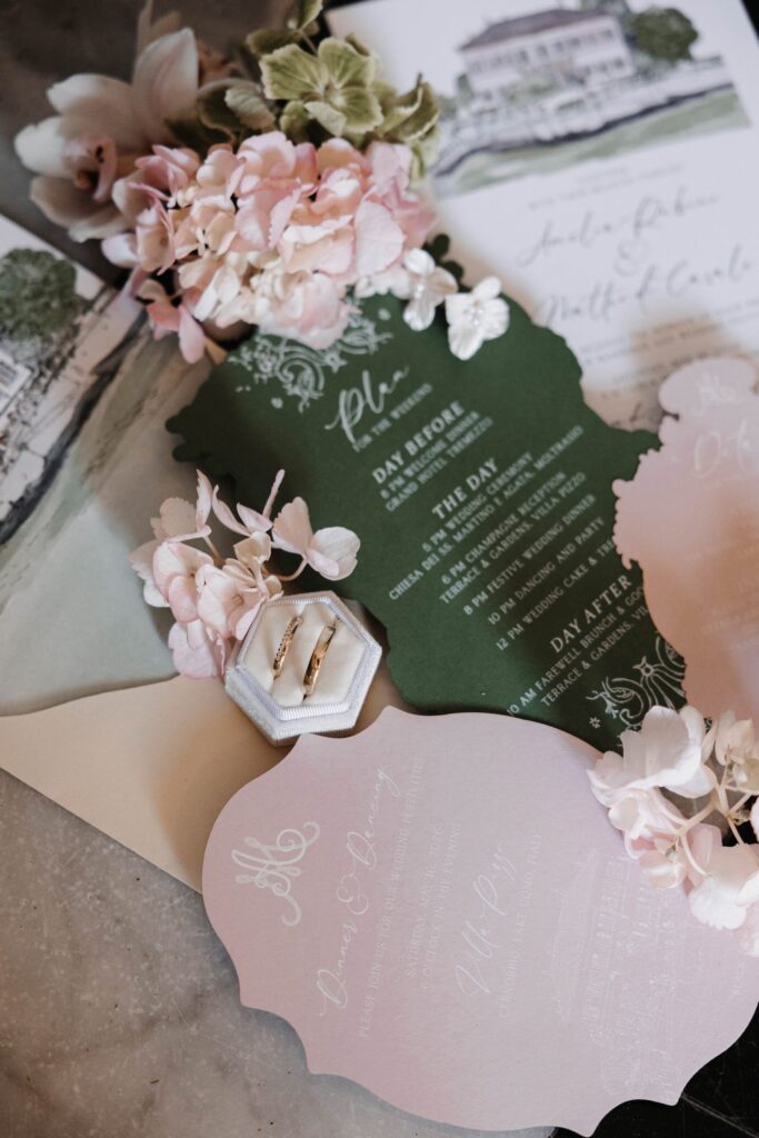 Wedding stationery in green and rosé with flowers for a wedding on Lake Como